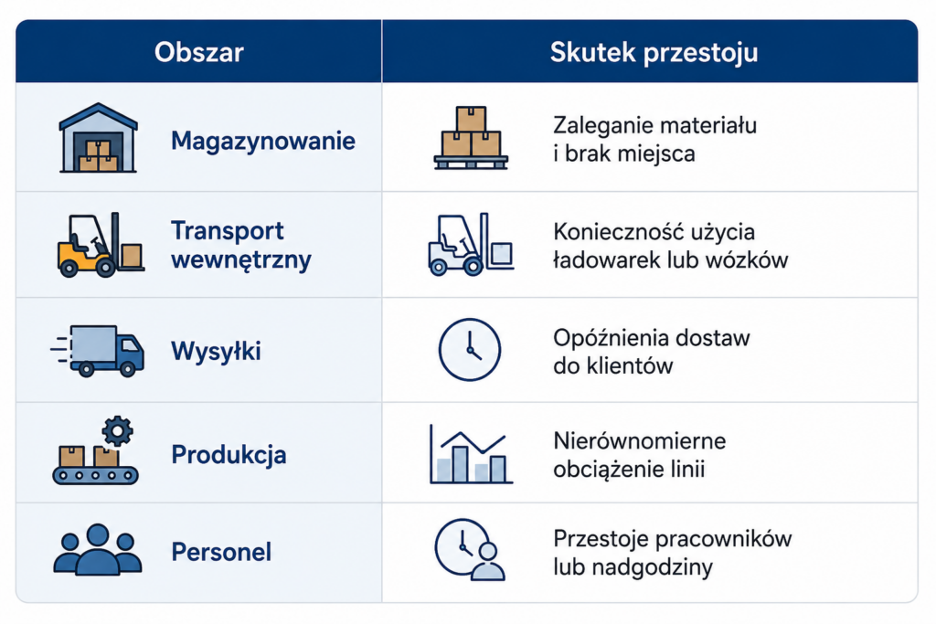 tabela skutki przestojów przenośników tasmowych